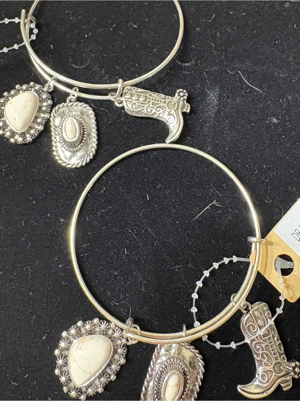 Silver-Tone Western Charm Bangle Bracelet with Cream Stone Details set of 2